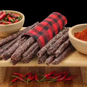 Coils of spicy beef chilli droëwors (dried sausage) hanging in the butcher shop.